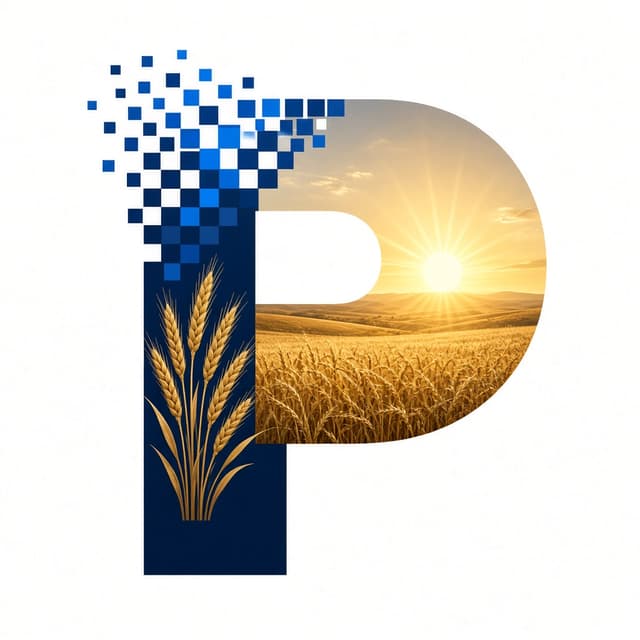 Prairie Digital mark — digital pixels, prairie sunrise, and wheat
