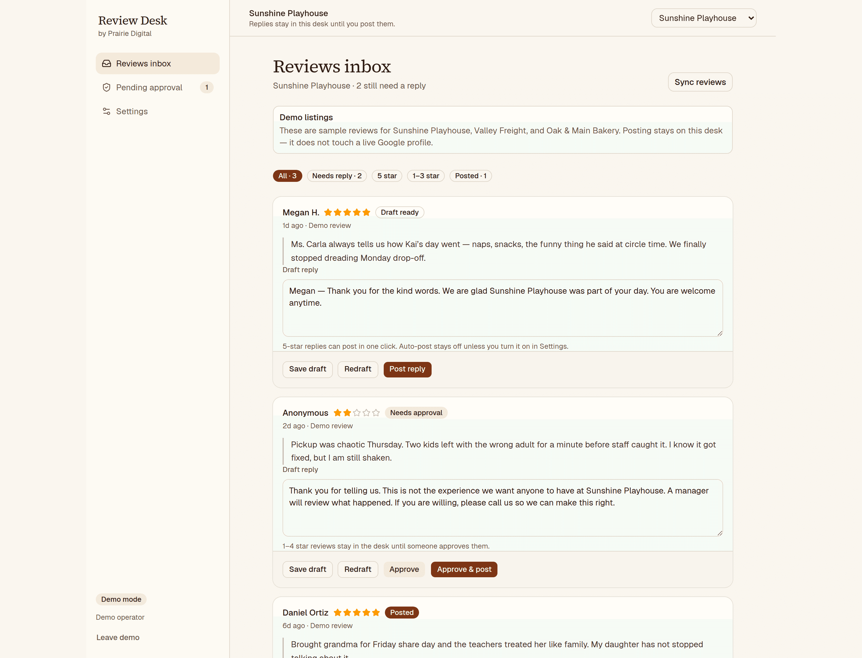 Review Desk inbox with drafted replies, filters, and approve-first actions