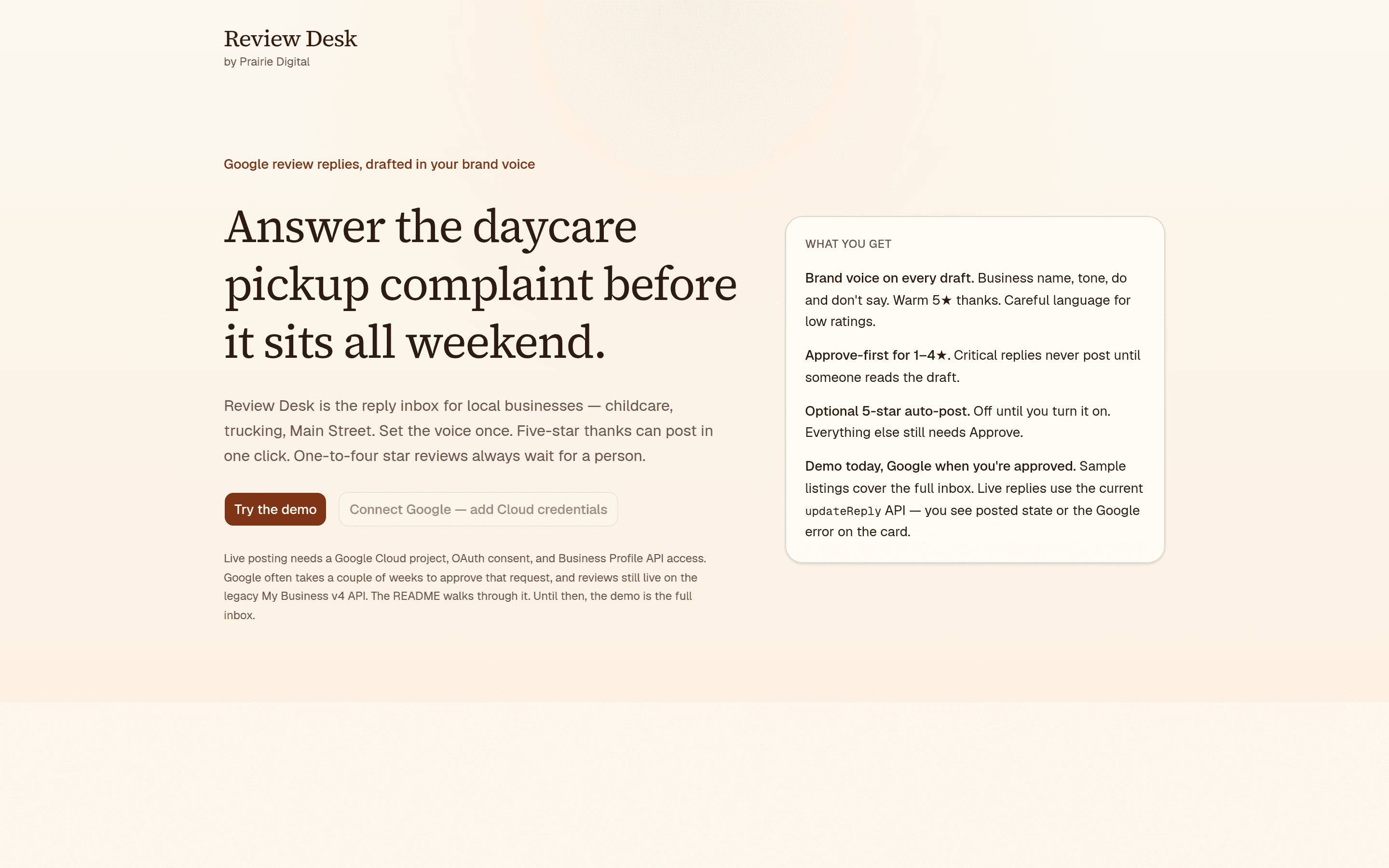 Review Desk landing — Google review replies drafted in your brand voice