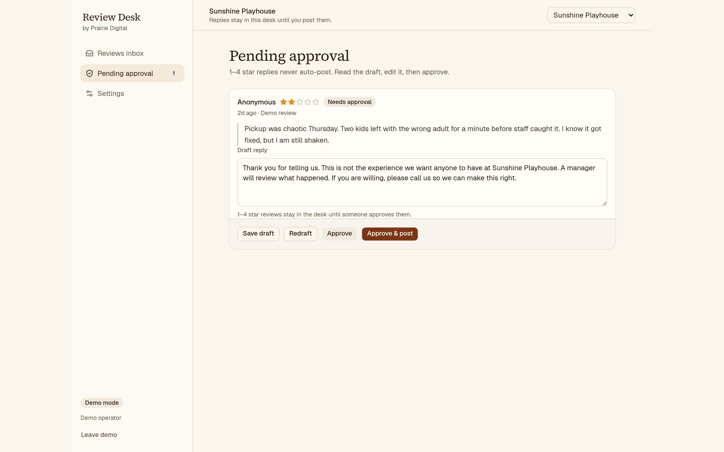 Review Desk pending approval for a low-star review that cannot auto-post