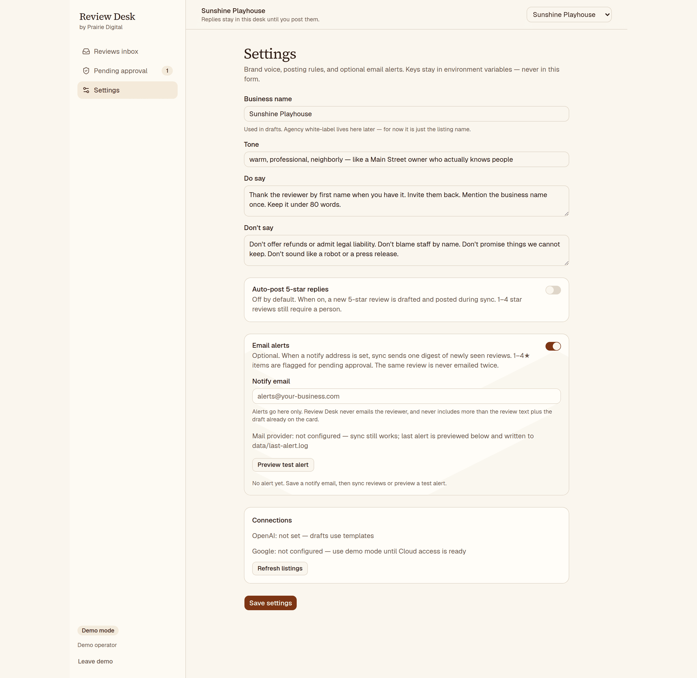 Review Desk settings — brand voice, do and don’t say, and 5-star auto-post off by default